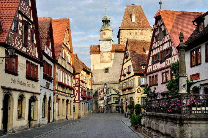 Rothenburg Germany Street with Half-Timbered Houses and Clock Tower