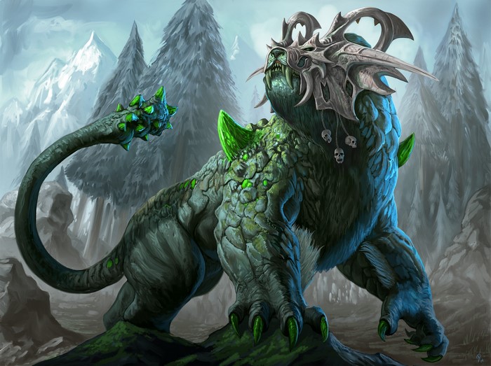 Monstrous creature with skull helmet in a forest