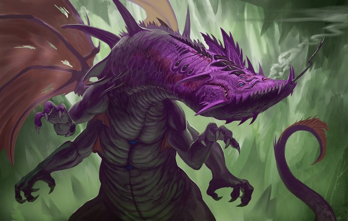 Purple dragon smoking a pipe in a forest