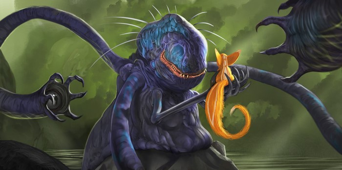 Monster holding a small creature in a swamp