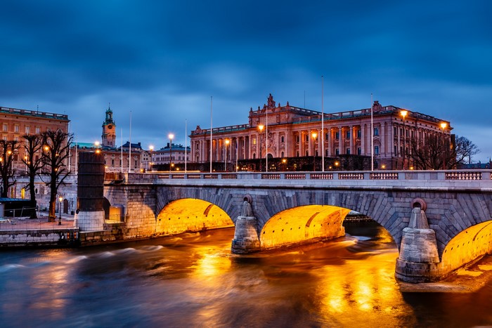 Riksdag Building and Norrbro Bridge in Stockholm, Sweden
