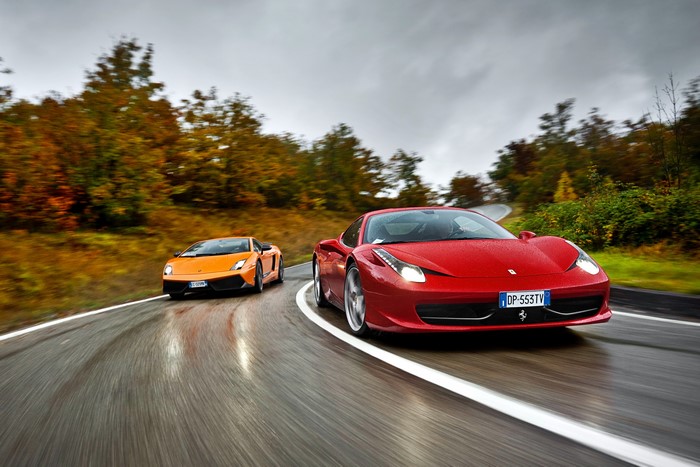 Ferrari 458 Italia and Lamborghini Gallardo on Wet Road