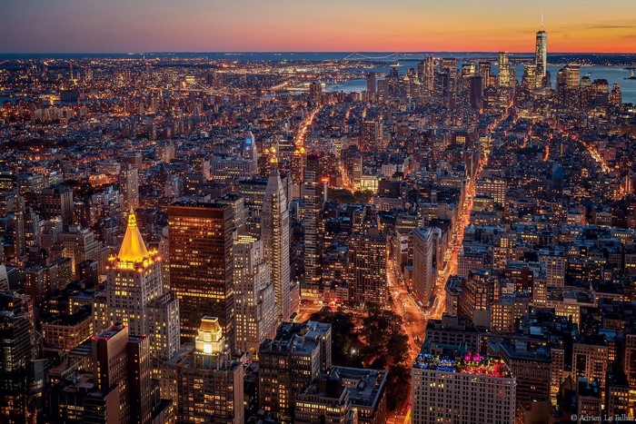 New York City skyline at dusk from above