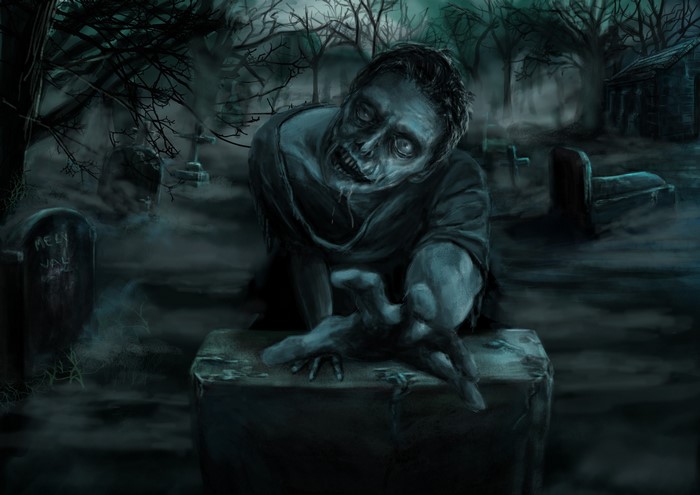 Zombie rising from a grave in a foggy graveyard