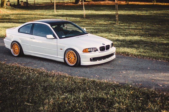 White BMW E46 323ci Coupe with Orange Wheels