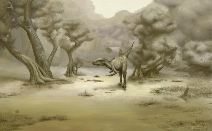 Dinosaur in a prehistoric forest landscape