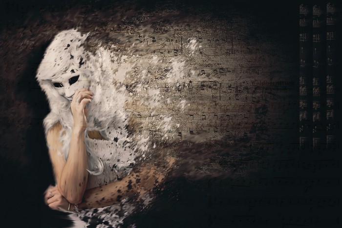 Person in a white mask and fur dissolving into music notes