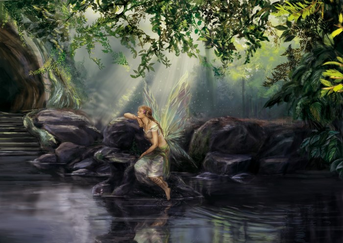 Fairy resting by a pond in a forest