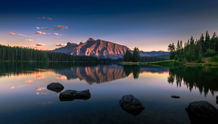 Two Jack Lake with Mountains and Forest Reflection