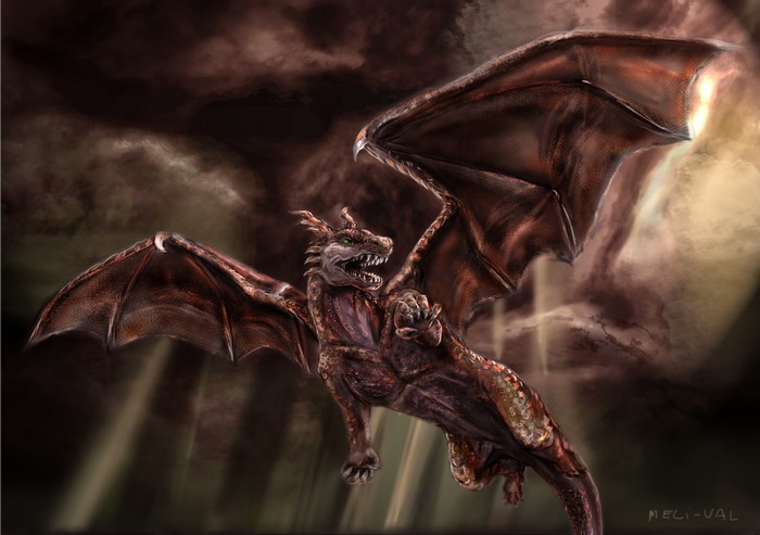 A dragon with large wings flying through dark clouds