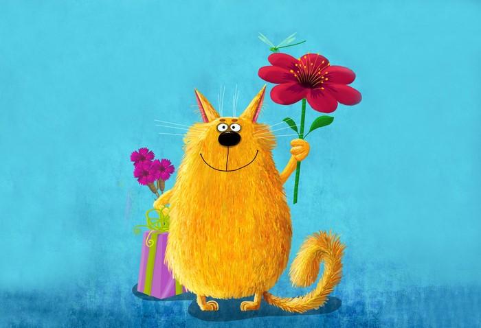 A cartoon cat holds flowers and a gift