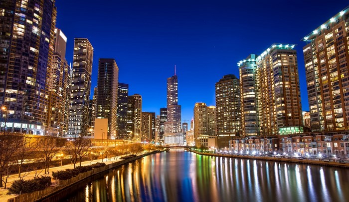 Chicago City Skyline at Night with River