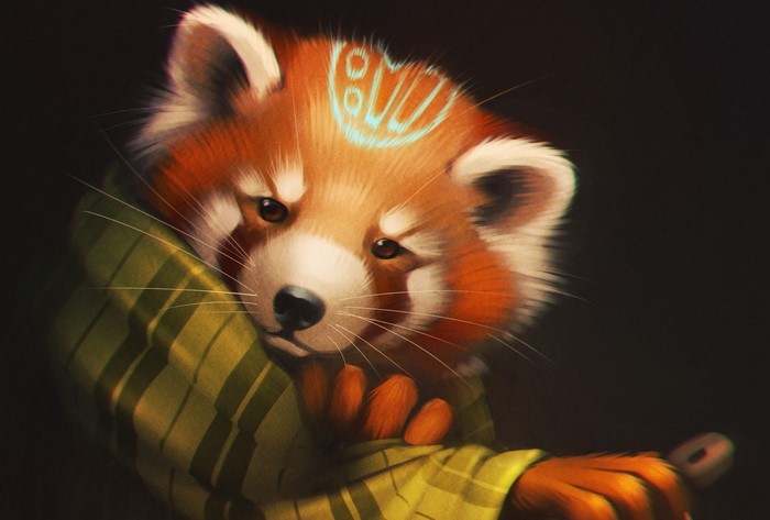 Red panda wearing a striped scarf