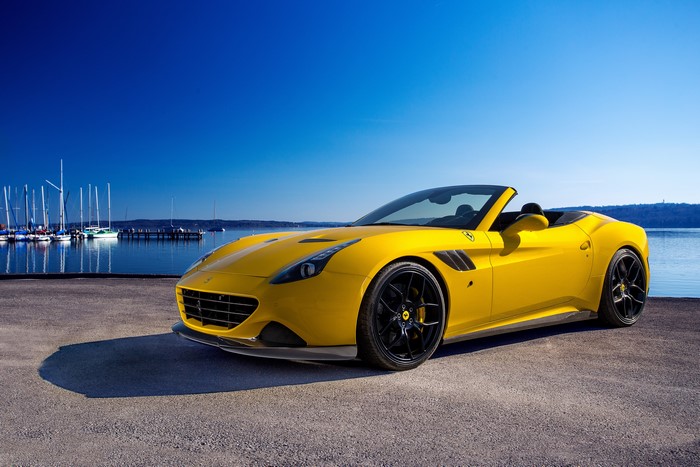 Yellow Ferrari California T Cabriolet by the Water