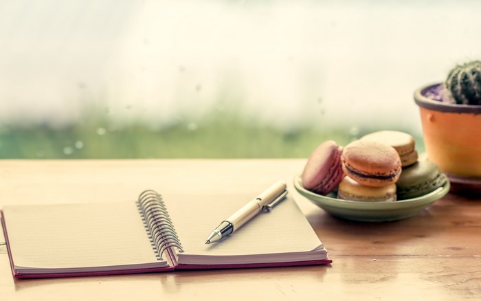Notebook and macarons by the window