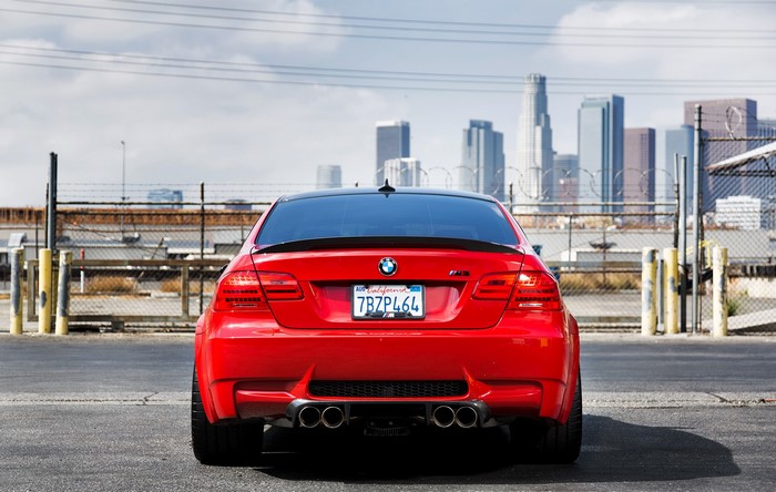 Red BMW M3 E92 with Los Angeles skyline