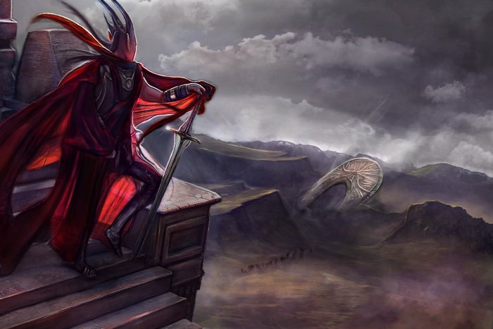 Warrior in Red Cape with Sword Overlooking Landscape