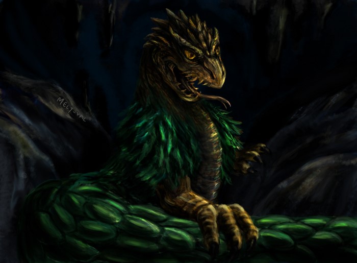 Dragon with green feathers in a cave