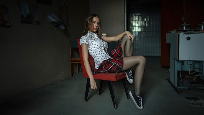 Kseniya George Chernyad''ev in Plaid Skirt and Sneakers