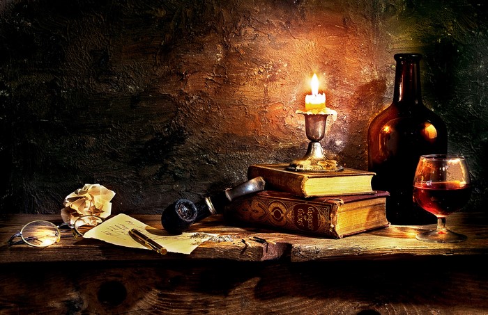 Still-life with candle, books, pipe, and wine