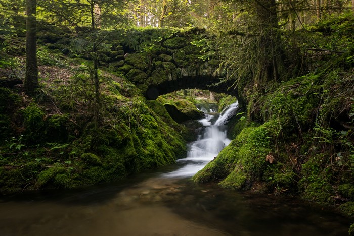 Moss-covered stone bridge over a stream in Germany