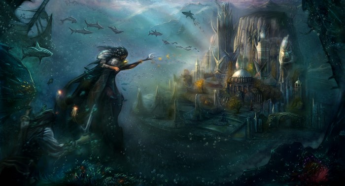 Underwater fantasy world with mermaids and city