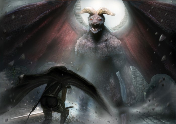 Knight fighting a demon with wings