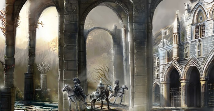 Knights on horseback in a fantasy world