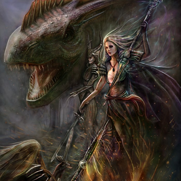 Warriors and Dragon with Spears and Swords