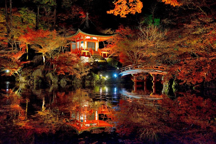 Daigoji Temple Pagoda and Bridge at Night in Kyoto
