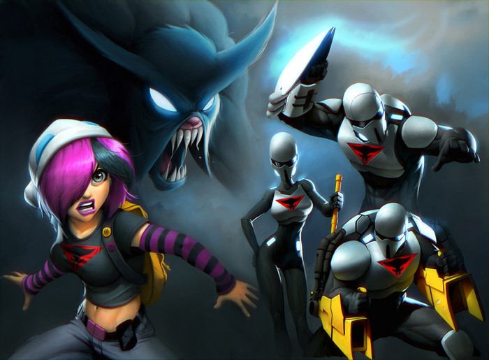 Girl and warriors facing a monster