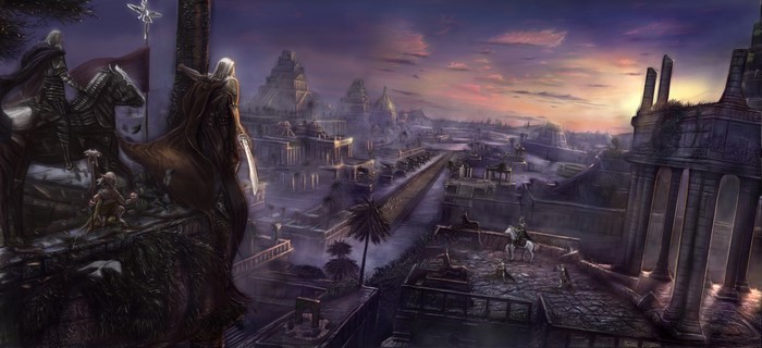 Fantasy city at sunset with knights