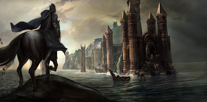Knight on horseback overlooking a fantasy city by the sea