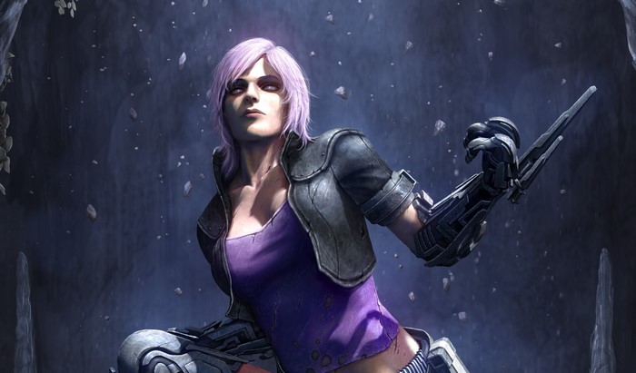 Cyberpunk warrior with purple hair and mechanical arm