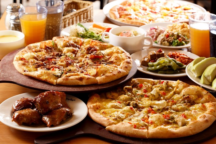 Pizza, Chicken Wings, and Drinks