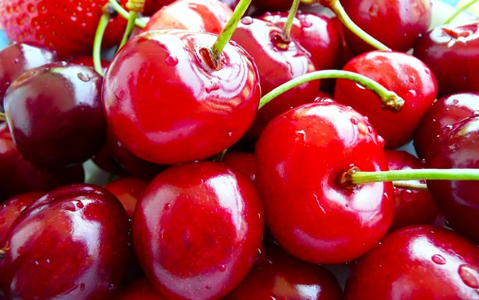Close-up of fresh red cherries with water droplets