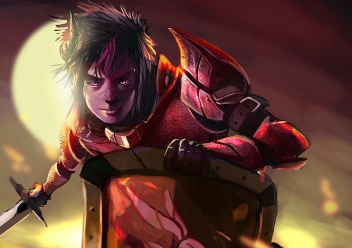 Warrior with shield and sword under the moon