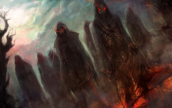 Undead figures with red eyes and chains