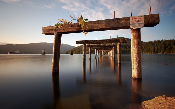 Old wooden pier pilings in a calm lake at sunset