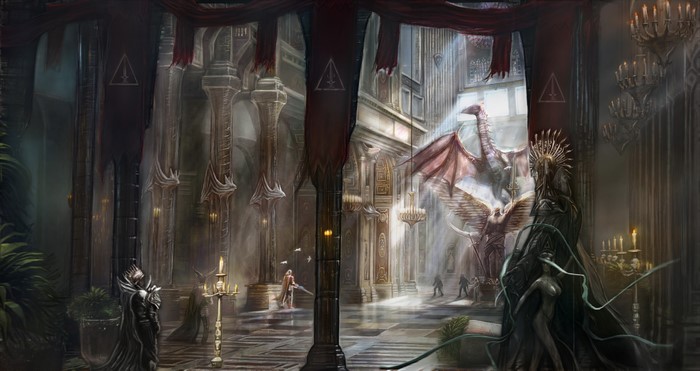 Dragon in a grand hall with figures