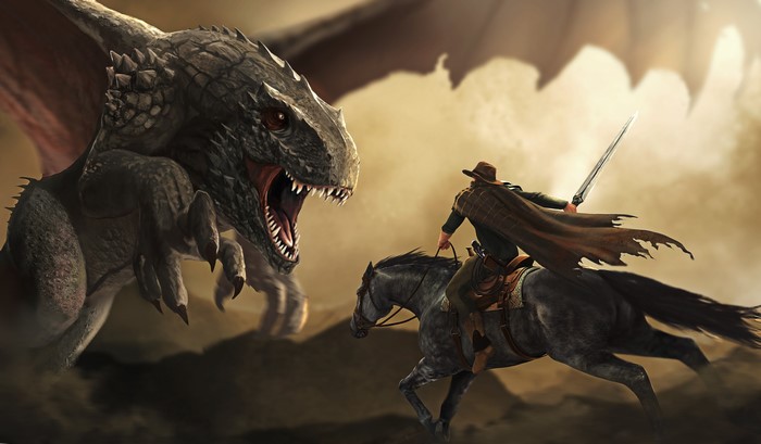 Dragon and Cowboy on Horseback Battle