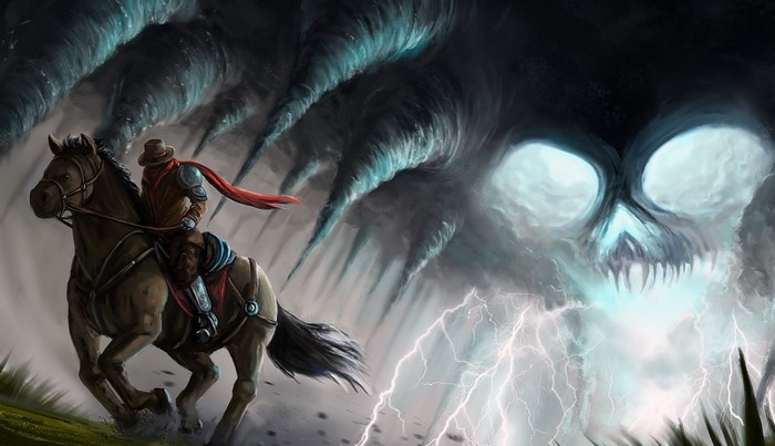 Cowboy on horse fleeing a skull-shaped storm