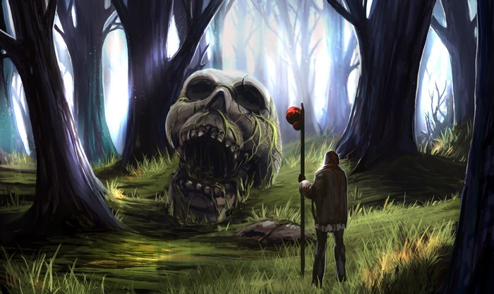 Giant skull in a dark forest with a person holding a staff