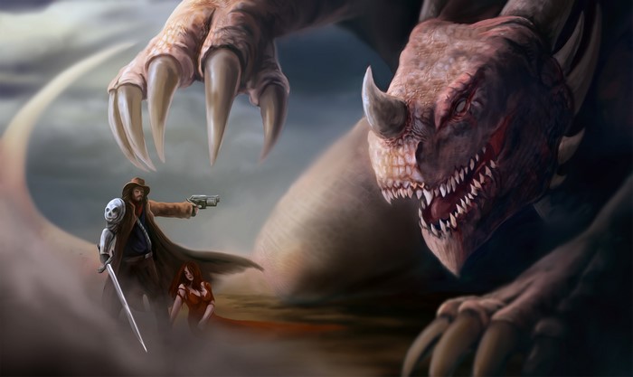 Cowboy with sword and gun facing a dragon