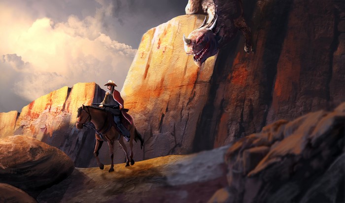 Cowboy on horse encounters dragon in mountains