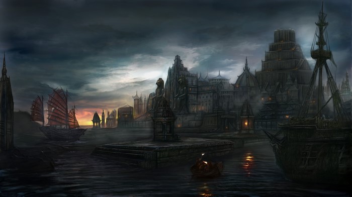 Fantasy port city with ships at dusk