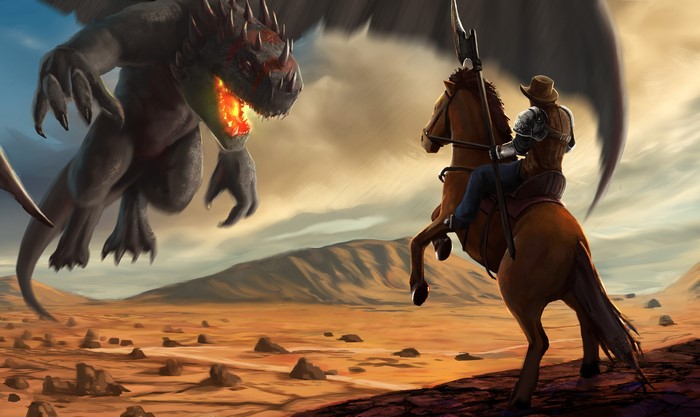 Cowboy on Horse Fights Dragon in Desert