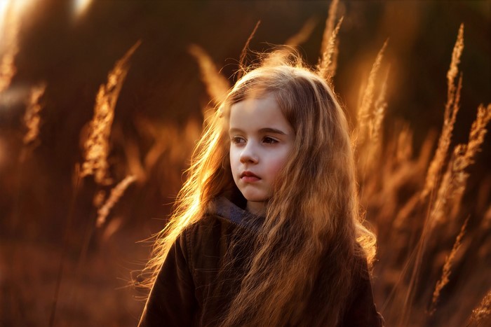 Young girl with long hair in a field at sunset