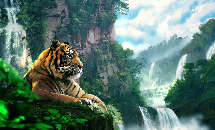 Tiger resting near waterfalls in a jungle painting