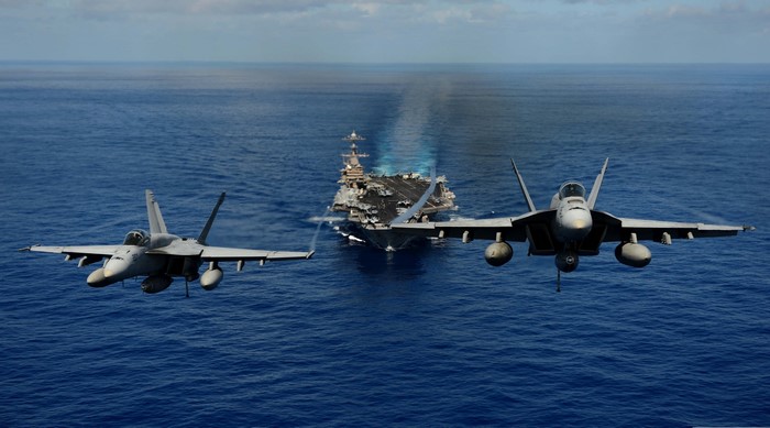 US Navy F/A-18E/F Super Hornets and Aircraft Carrier